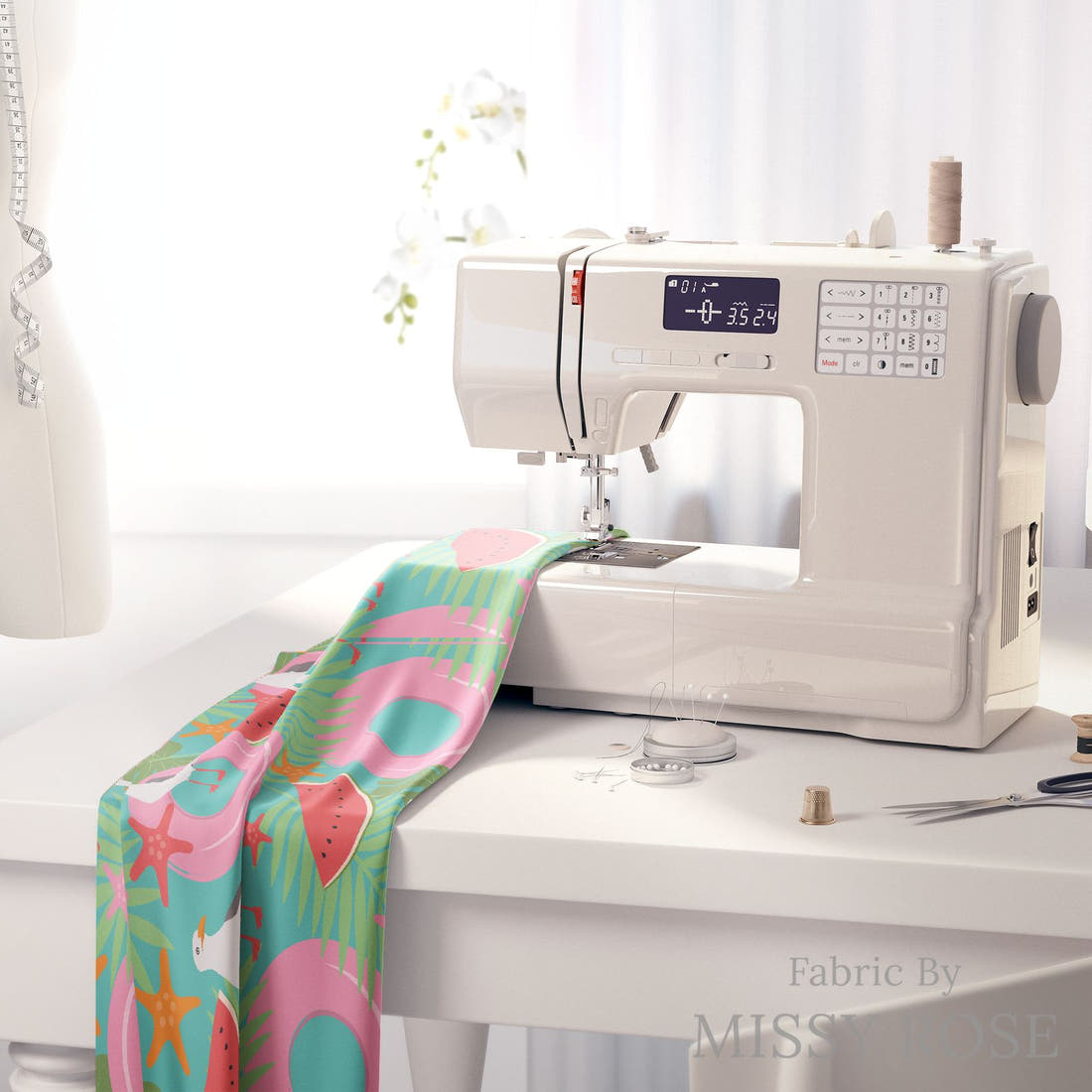 Little Black Kat 39 on a sewing machine - premium fabric for sewing projects | Fabric by Missy Rose