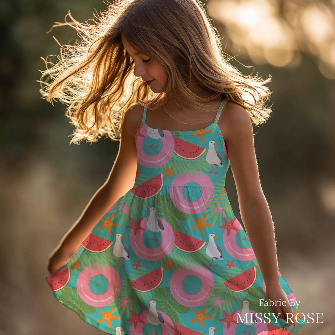 Little Black Kat 39 sewn into a girls' dress - see how the print looks made up | Fabric by Missy Rose
