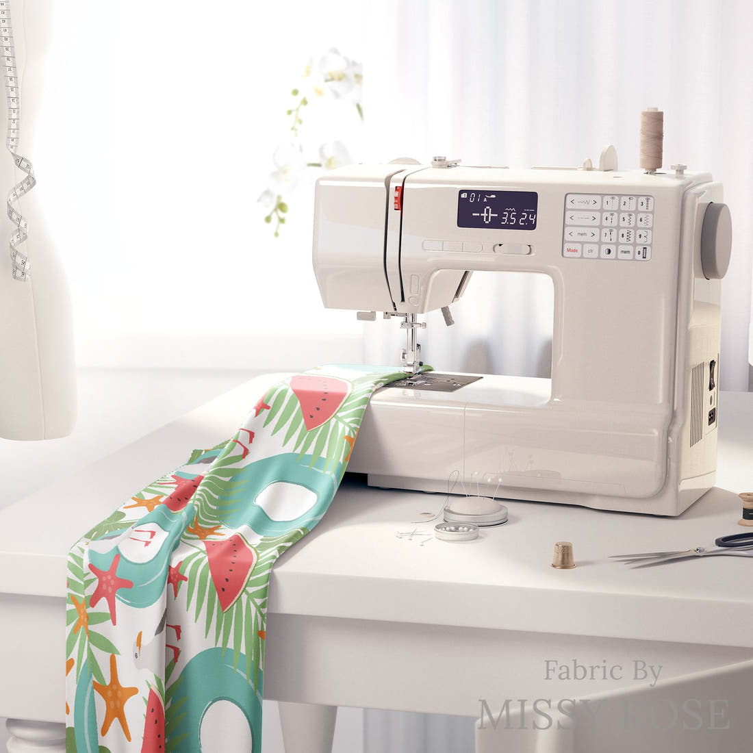 Little Black Kat 40 on a sewing machine - premium fabric for sewing projects | Fabric by Missy Rose