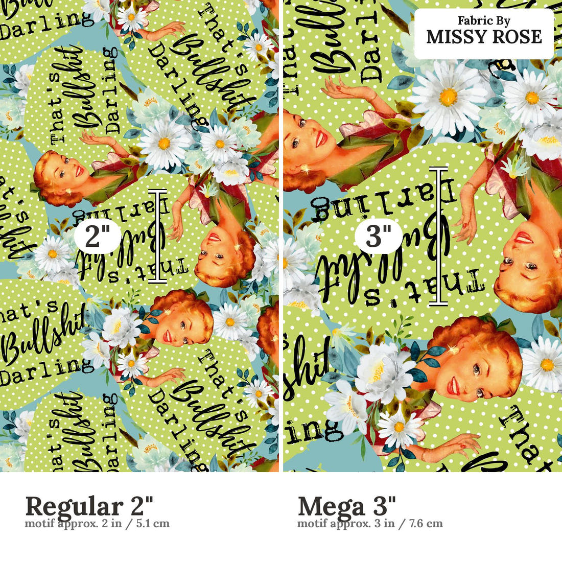 Profanity Fabric 10 Regular 2 inch vs Mega 3 inch print scale side by side | Fabric by Missy Rose