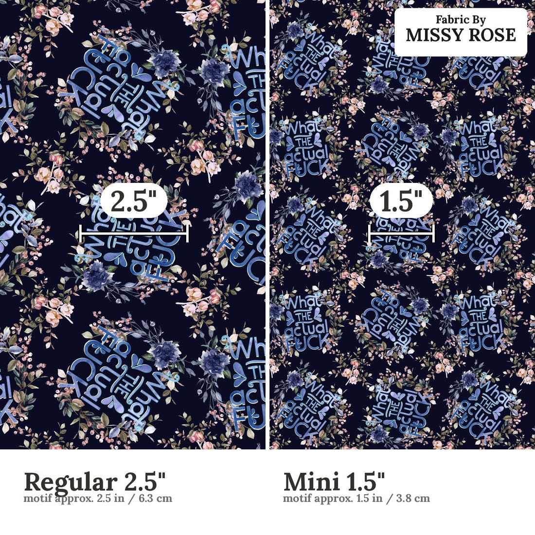 Profanity Fabric 02 Regular 2.5 inch vs Mini 1.5 inch print scale side by side | Fabric by Missy Rose