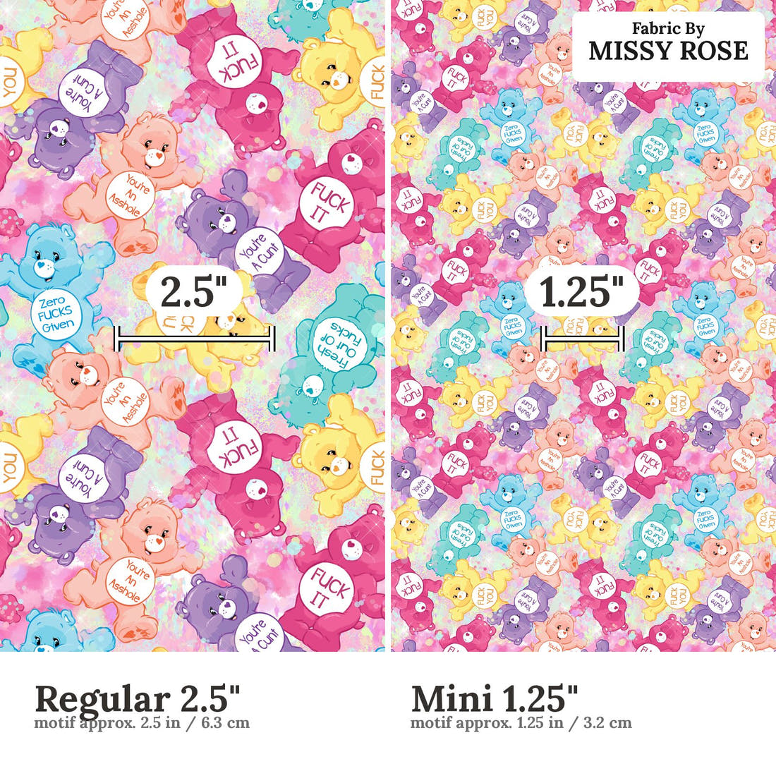 Profanity Fabric 21 Regular 2.5 inch vs Mini 1.25 inch print scale side by side | Fabric by Missy Rose