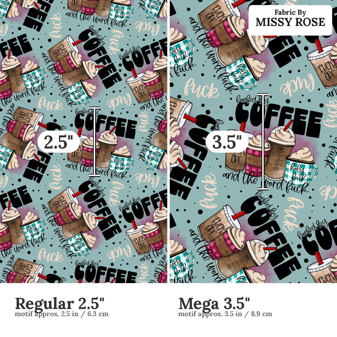 Profanity Fabric 23 Regular 2.5 inch vs Mega 3.5 inch print scale side by side | Fabric by Missy Rose