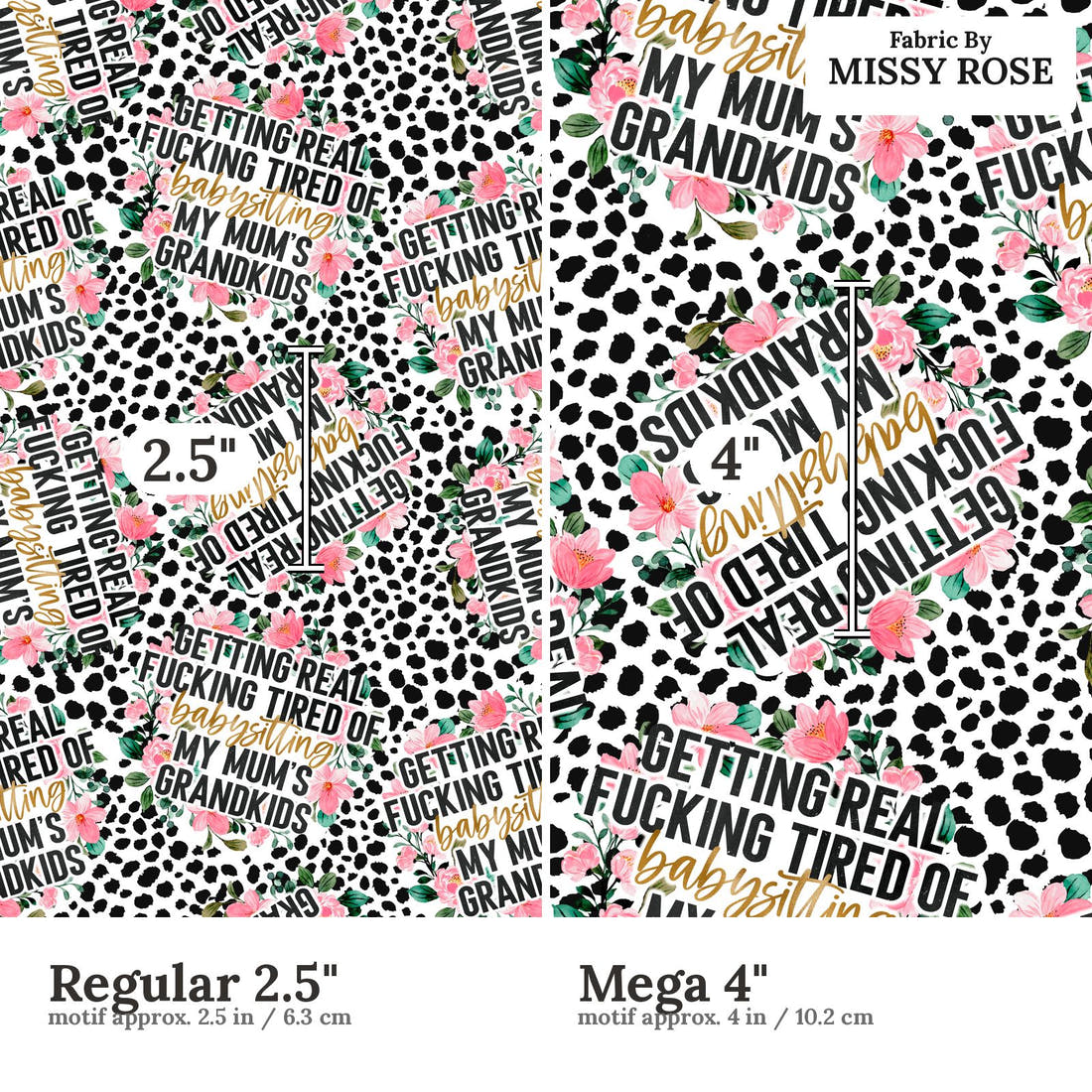 Profanity Fabric 244 Regular 2.5 inch vs Mega 4 inch print scale side by side | Fabric by Missy Rose