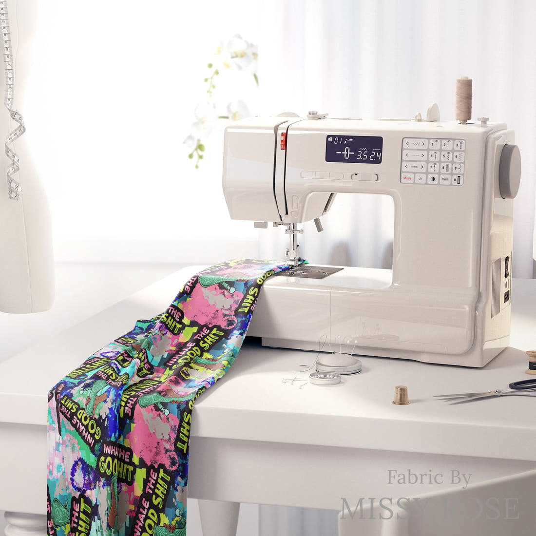 Profanity Fabric 256 on a sewing machine - premium fabric for sewing projects | Fabric by Missy Rose