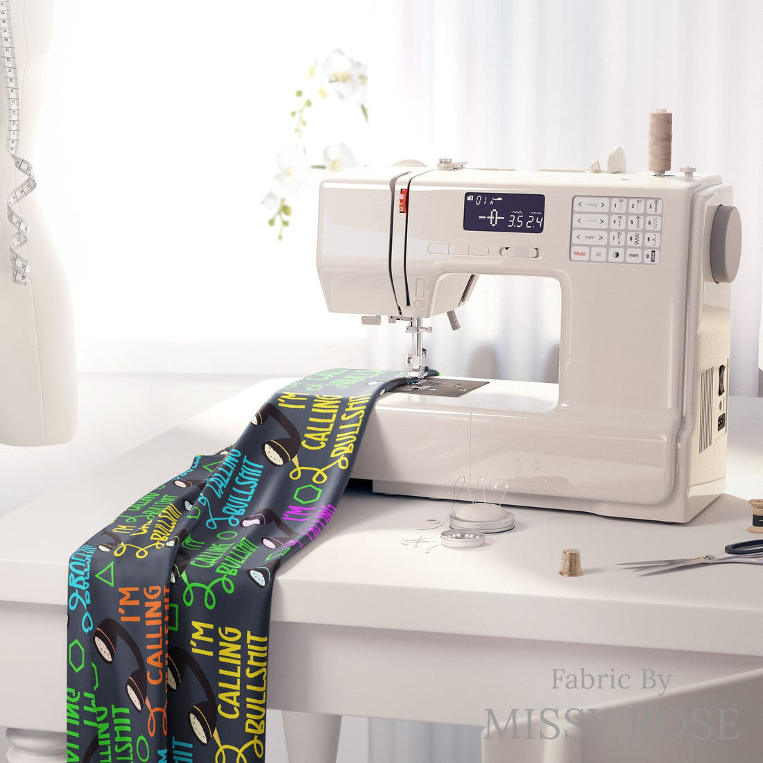 Profanity Fabric 262 on a sewing machine - premium fabric for sewing projects | Fabric by Missy Rose