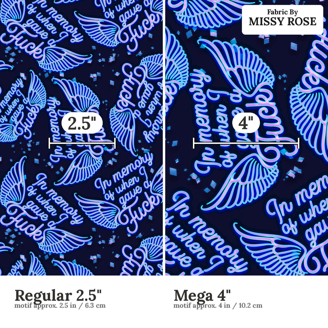 Profanity Fabric 265 Regular 2.5 inch vs Mega 4 inch print scale side by side | Fabric by Missy Rose