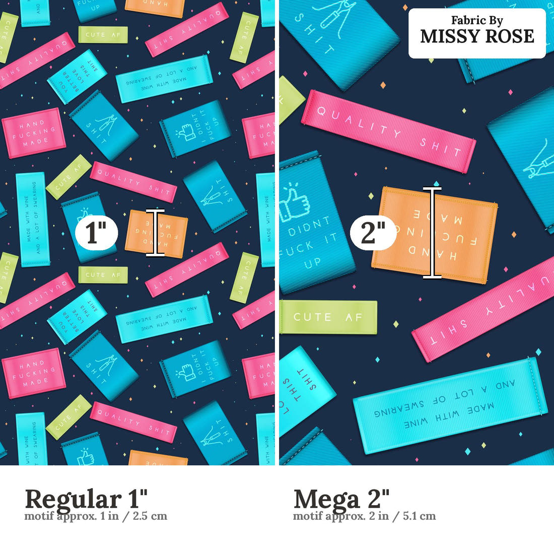 Profanity Fabric 272 Regular 1 inch vs Mega 2 inch print scale side by side | Fabric by Missy Rose
