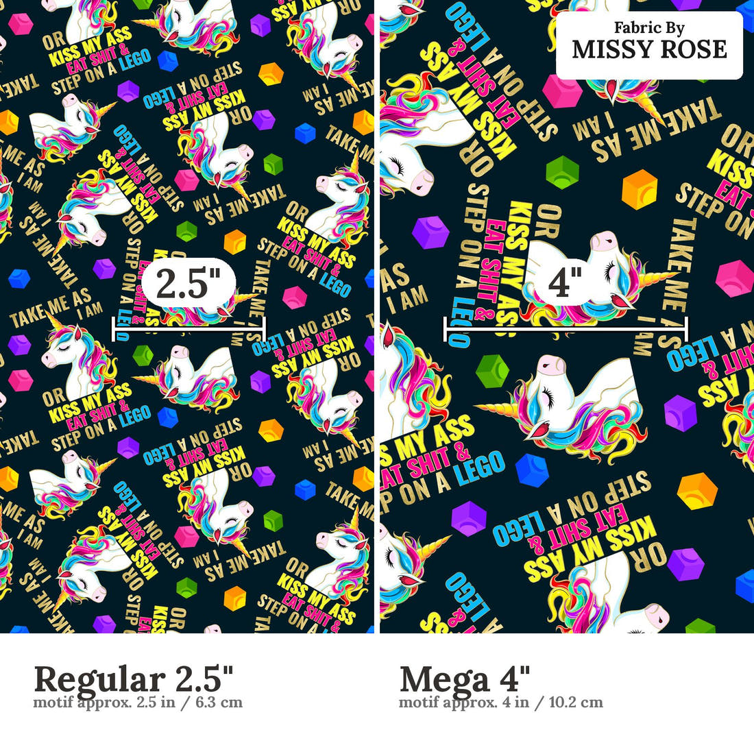 Profanity Fabric 275 Regular 2.5 inch vs Mega 4 inch print scale side by side | Fabric by Missy Rose