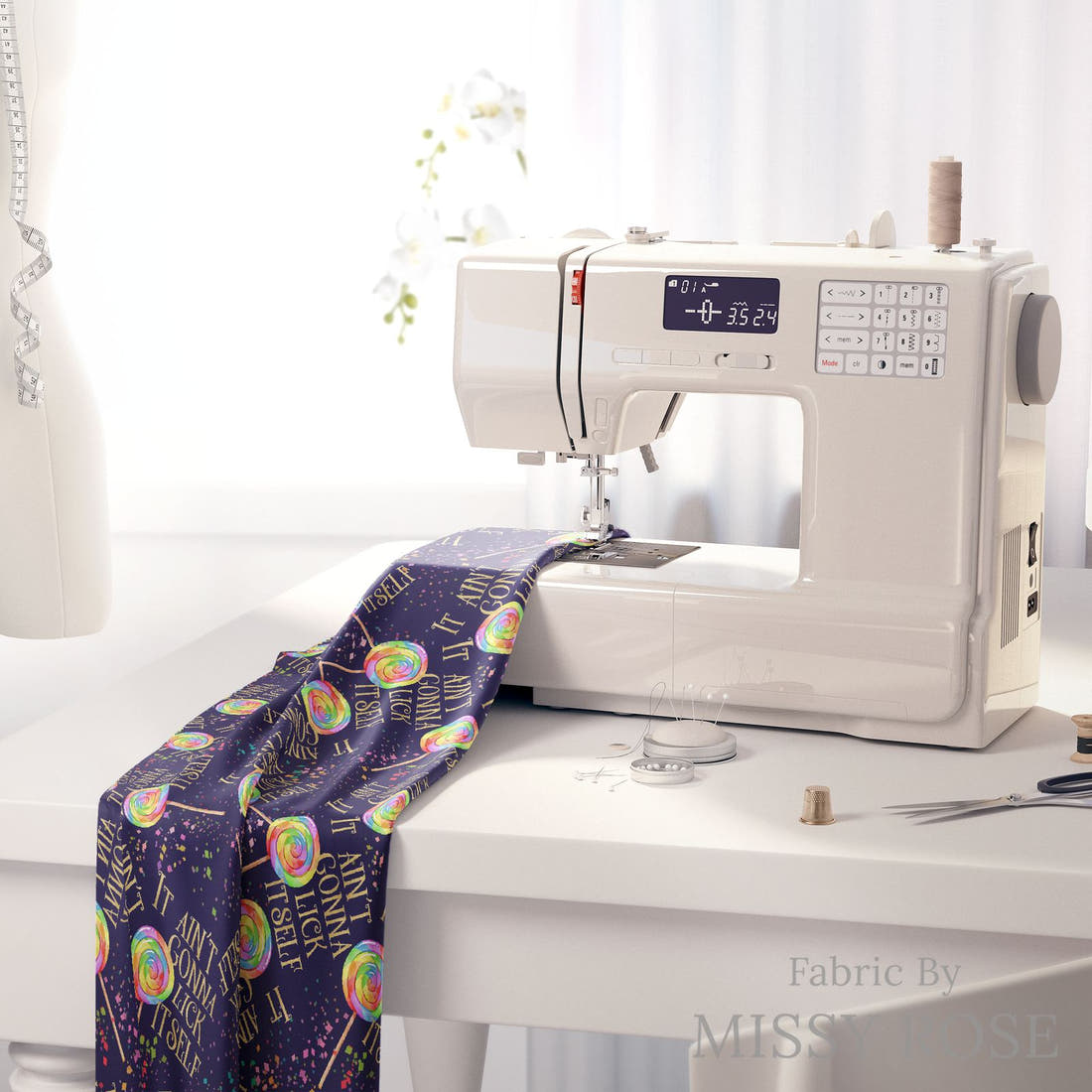 Profanity Fabric 276 on a sewing machine - premium fabric for sewing projects | Fabric by Missy Rose