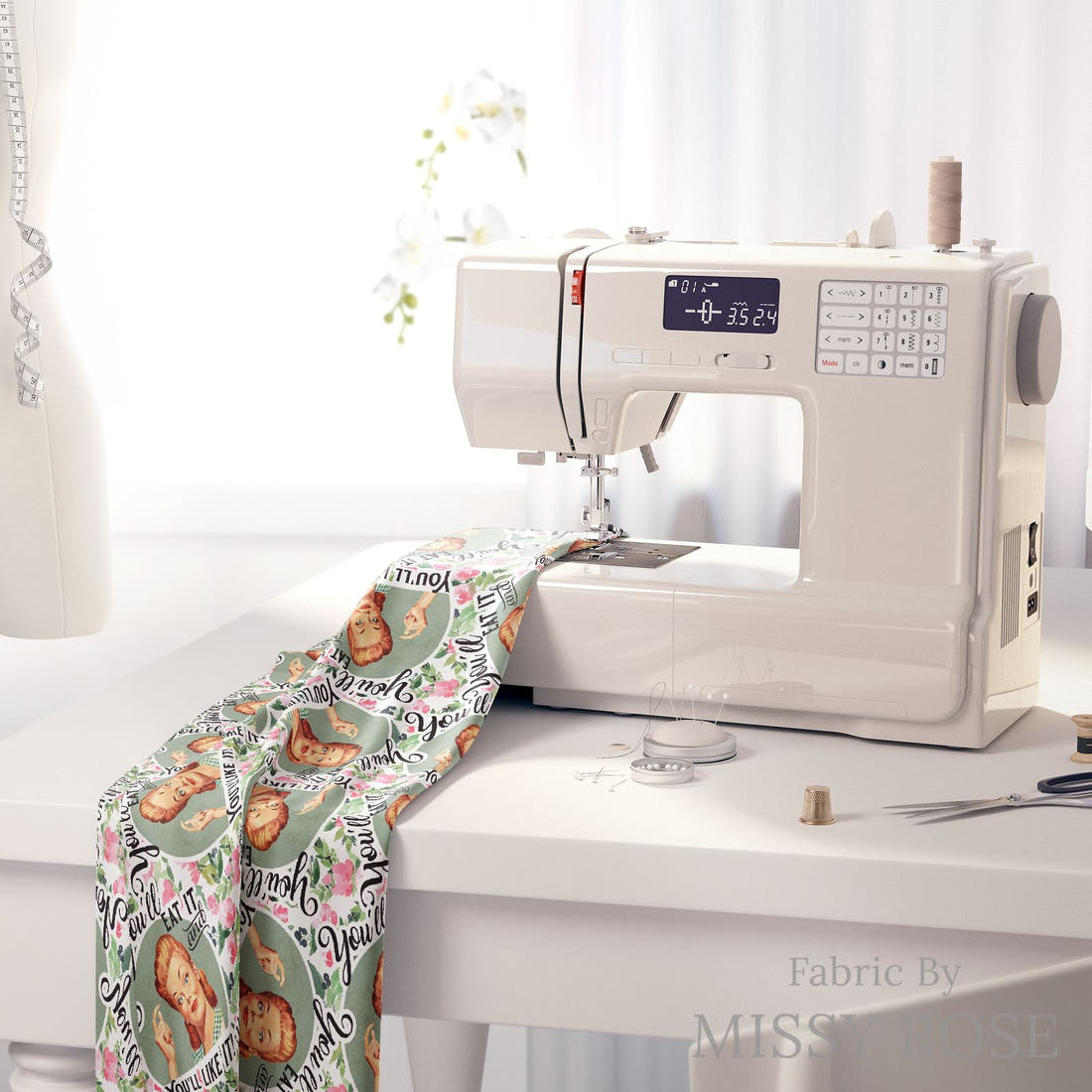 Profanity Fabric 279 on a sewing machine - premium fabric for sewing projects | Fabric by Missy Rose