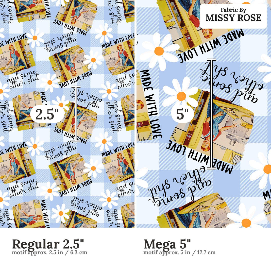 Profanity Fabric 285 Regular 2.5 inch vs Mega 5 inch print scale side by side | Fabric by Missy Rose