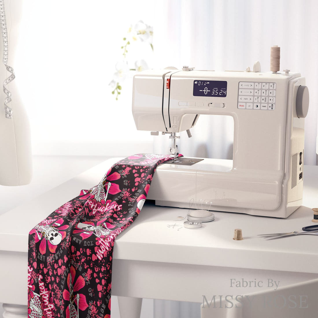 Profanity Fabric 291 on a sewing machine - premium fabric for sewing projects | Fabric by Missy Rose