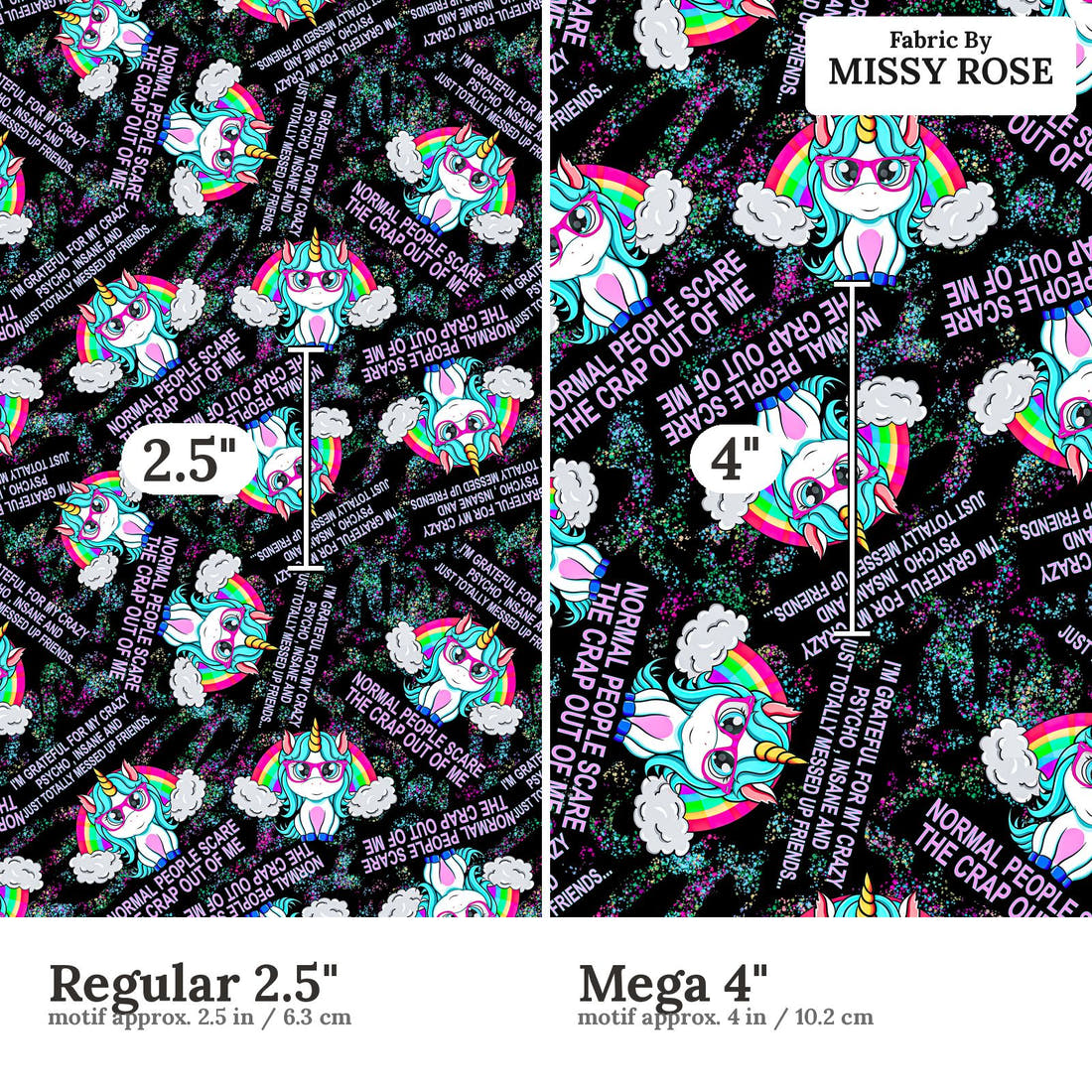 Profanity Fabric 295 Regular 2.5 inch vs Mega 4 inch print scale side by side | Fabric by Missy Rose