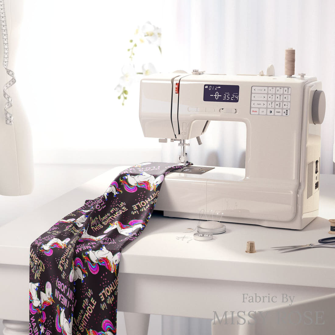 Profanity Fabric 303 on a sewing machine - premium fabric for sewing projects | Fabric by Missy Rose