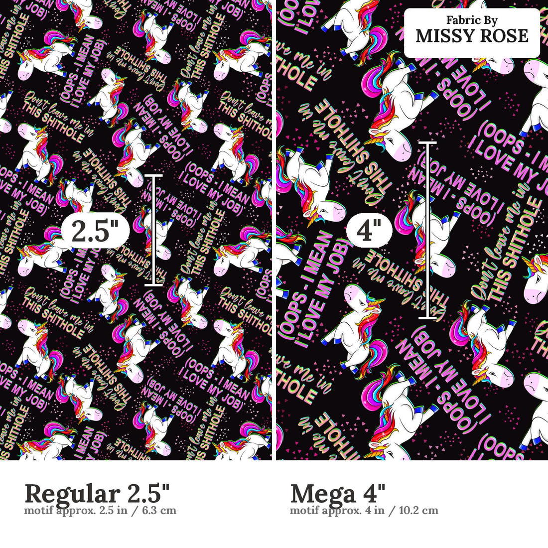 Profanity Fabric 303 Regular 2.5 inch vs Mega 4 inch print scale side by side | Fabric by Missy Rose