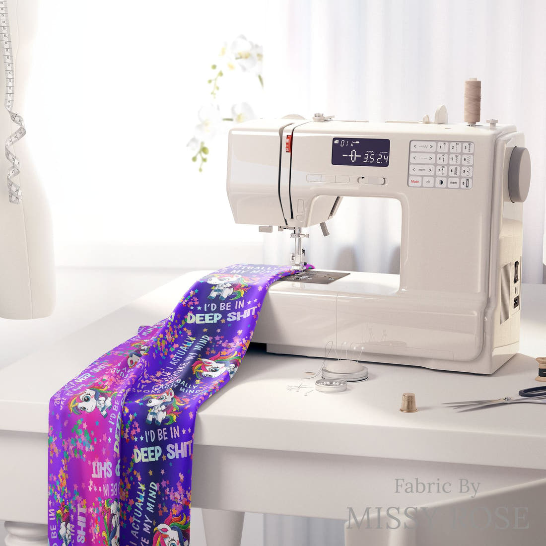 Profanity Fabric 311 on a sewing machine - premium fabric for sewing projects | Fabric by Missy Rose