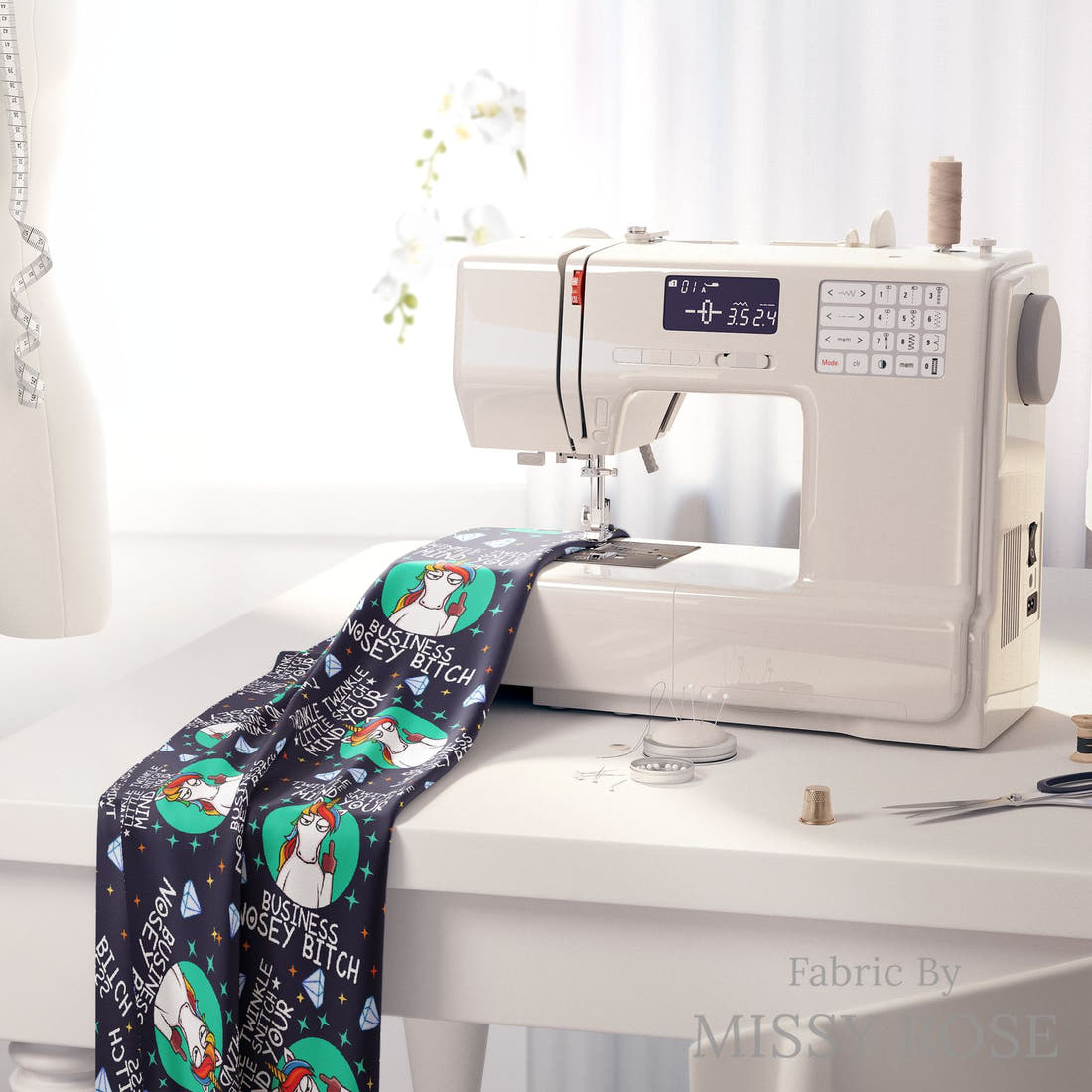 Profanity Fabric 320 on a sewing machine - premium fabric for sewing projects | Fabric by Missy Rose