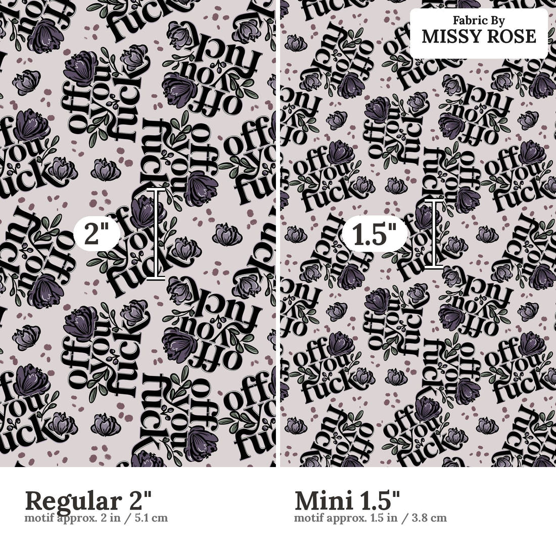 Profanity Fabric 326 Regular 2 inch vs Mini 1.5 inch print scale side by side | Fabric by Missy Rose