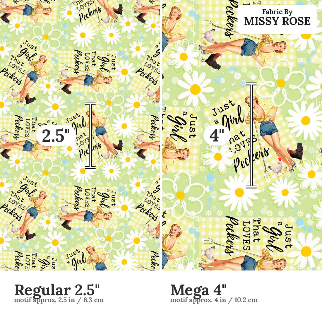 Profanity Fabric 330 Regular 2.5 inch vs Mega 4 inch print scale side by side | Fabric by Missy Rose