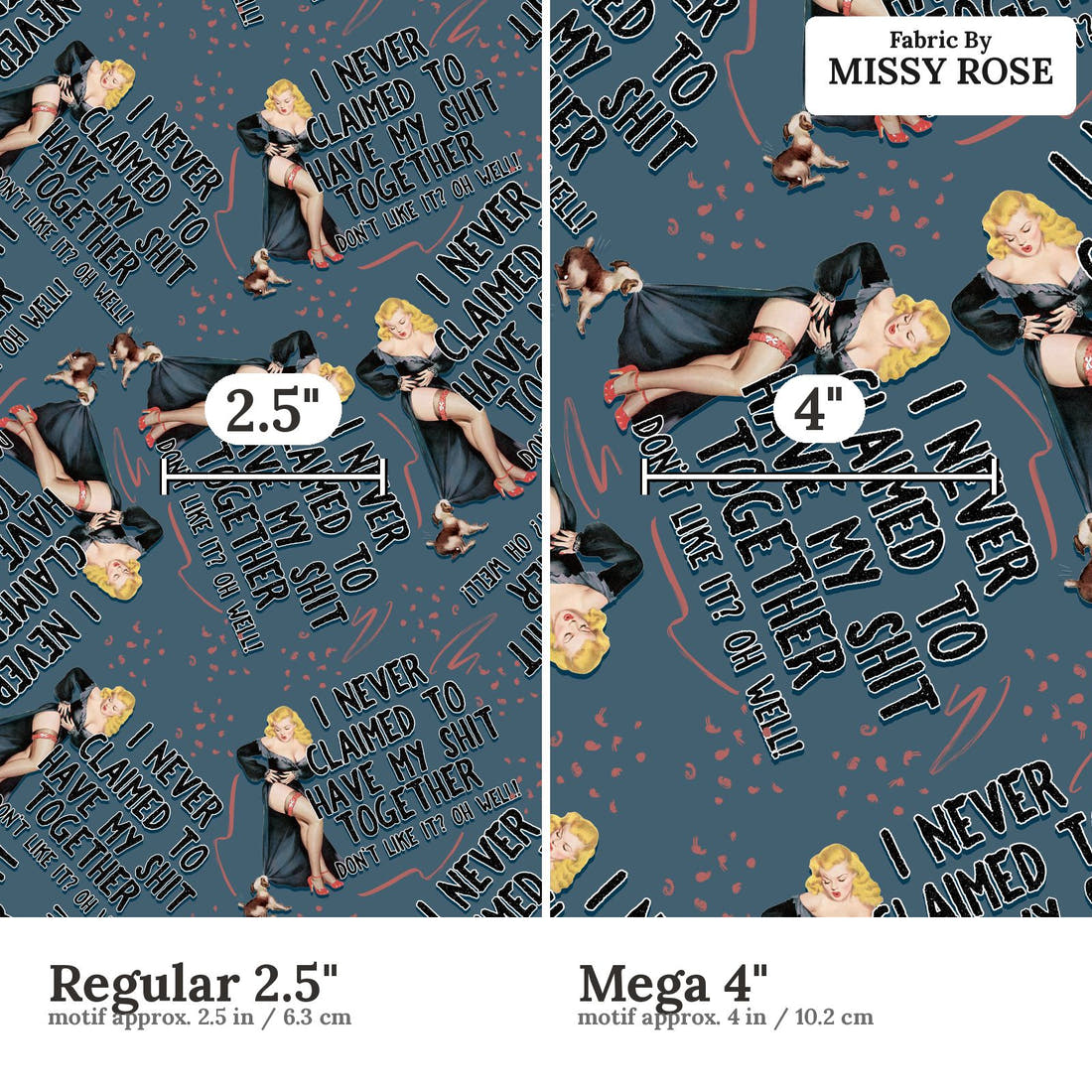 Profanity Fabric 337 Regular 2.5 inch vs Mega 4 inch print scale side by side | Fabric by Missy Rose