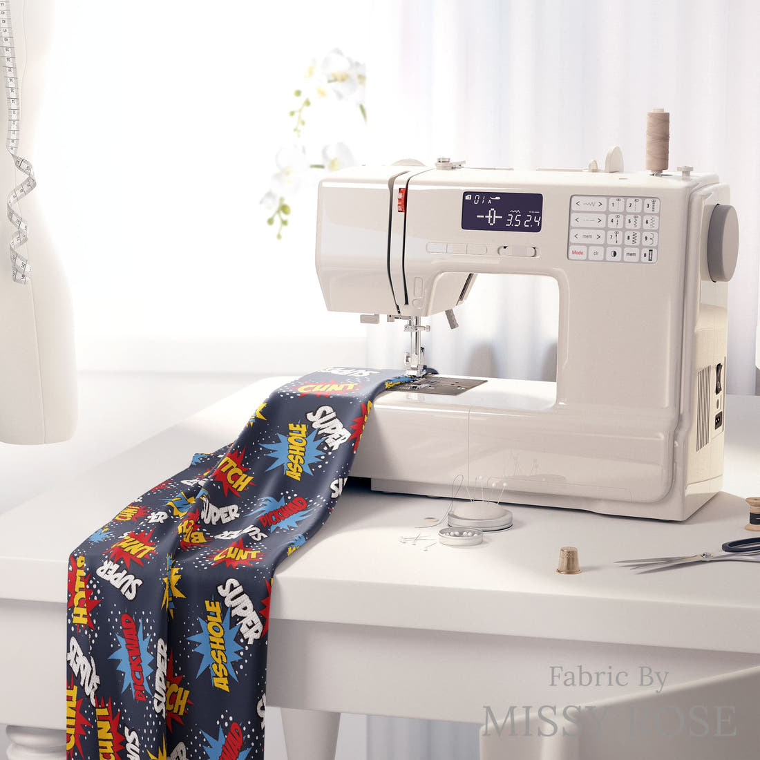 Profanity Fabric 351 on a sewing machine - premium fabric for sewing projects | Fabric by Missy Rose