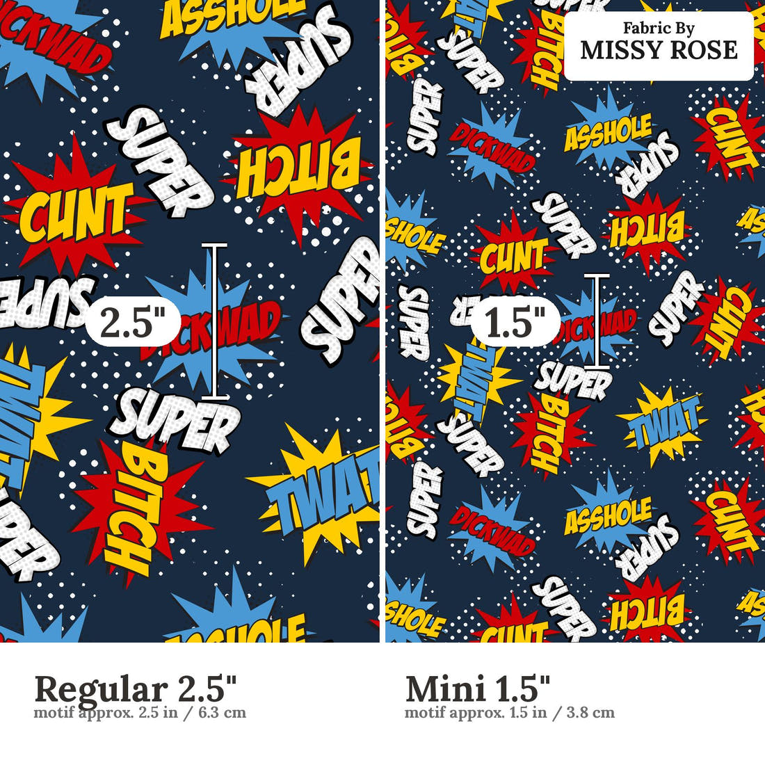 Profanity Fabric 351 Regular 2.5 inch vs Mini 1.5 inch print scale side by side | Fabric by Missy Rose