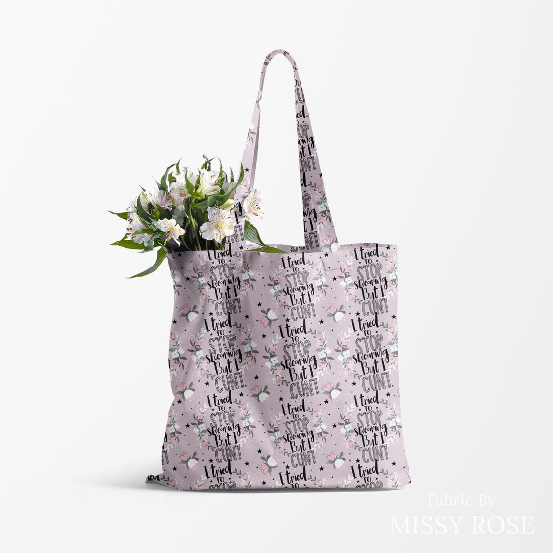 Profanity Fabric 352 made up as a tote bag - see how the print looks made up | Fabric by Missy Rose