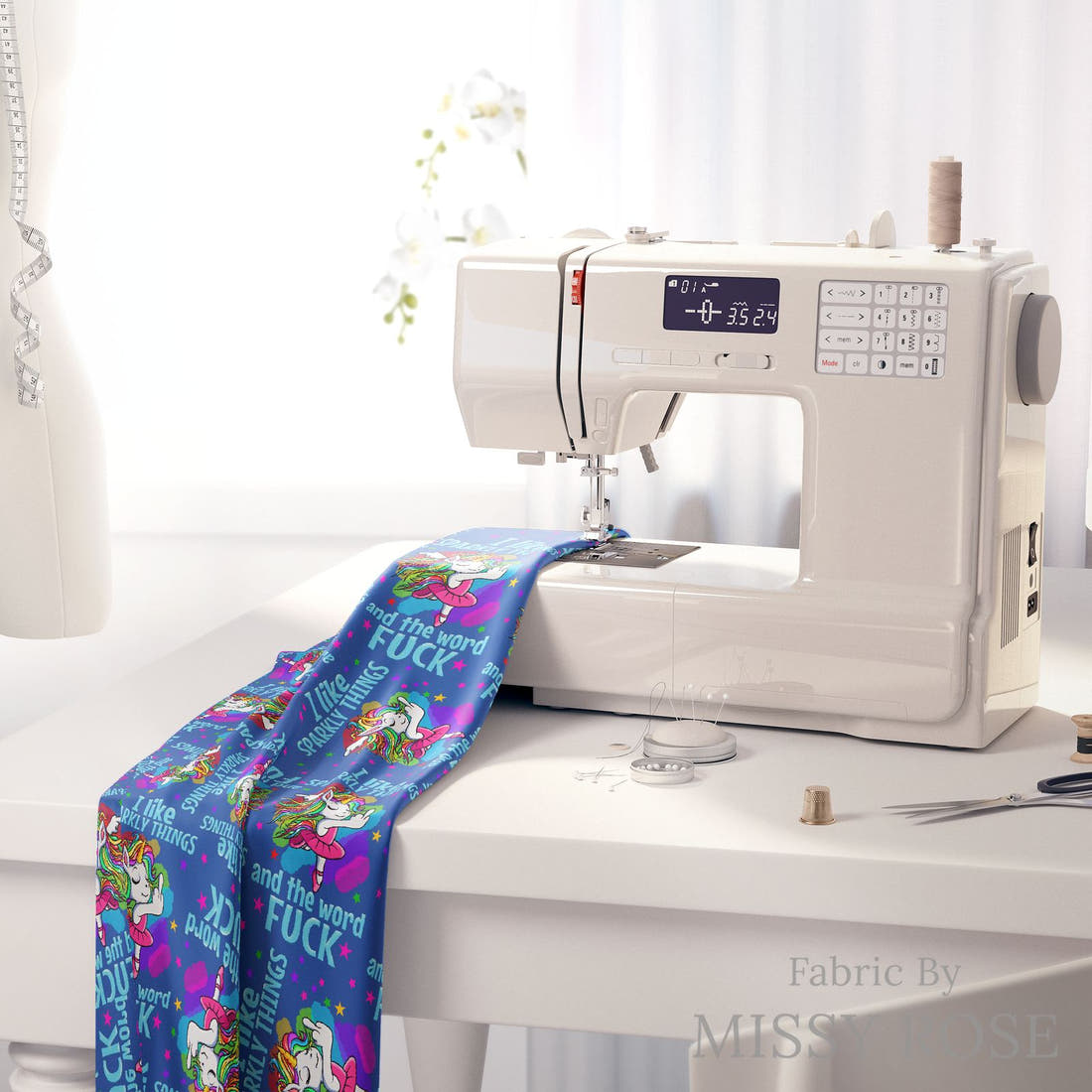 Profanity Fabric 354 on a sewing machine - premium fabric for sewing projects | Fabric by Missy Rose