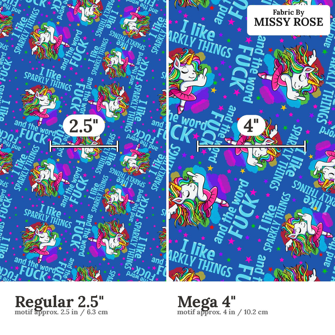Profanity Fabric 354 Regular 2.5 inch vs Mega 4 inch print scale side by side | Fabric by Missy Rose