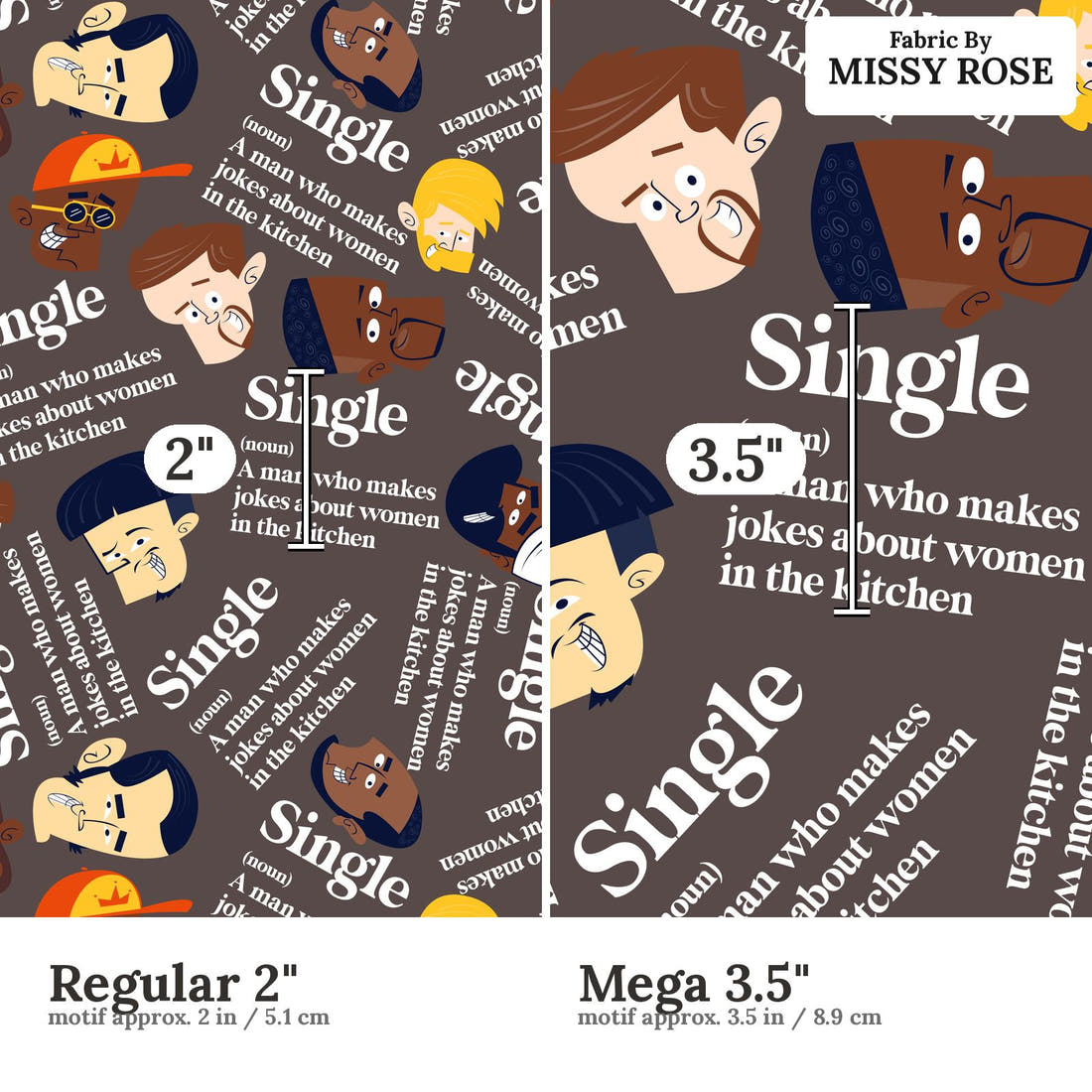 Profanity Fabric 358 Regular 2 inch vs Mega 3.5 inch print scale side by side | Fabric by Missy Rose