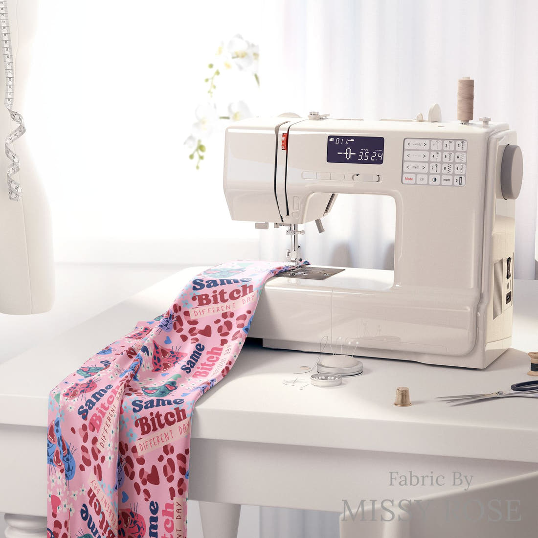 Profanity Fabric 367 on a sewing machine - premium fabric for sewing projects | Fabric by Missy Rose