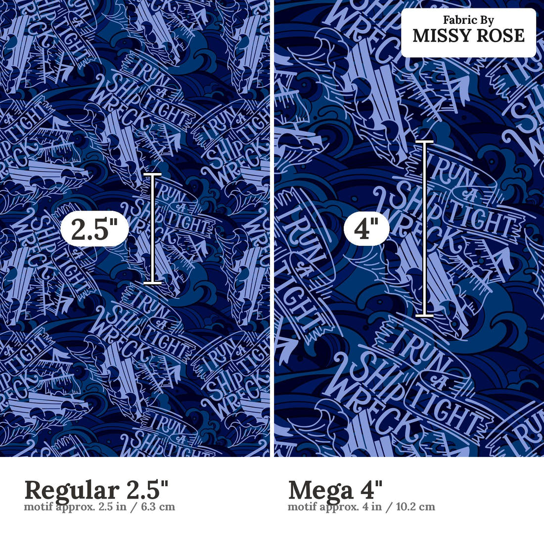 Profanity Fabric 369 Regular 2.5 inch vs Mega 4 inch print scale side by side | Fabric by Missy Rose