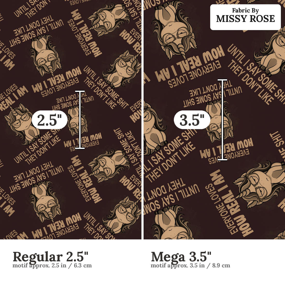 Profanity Fabric 370 Regular 2.5 inch vs Mega 3.5 inch print scale side by side | Fabric by Missy Rose