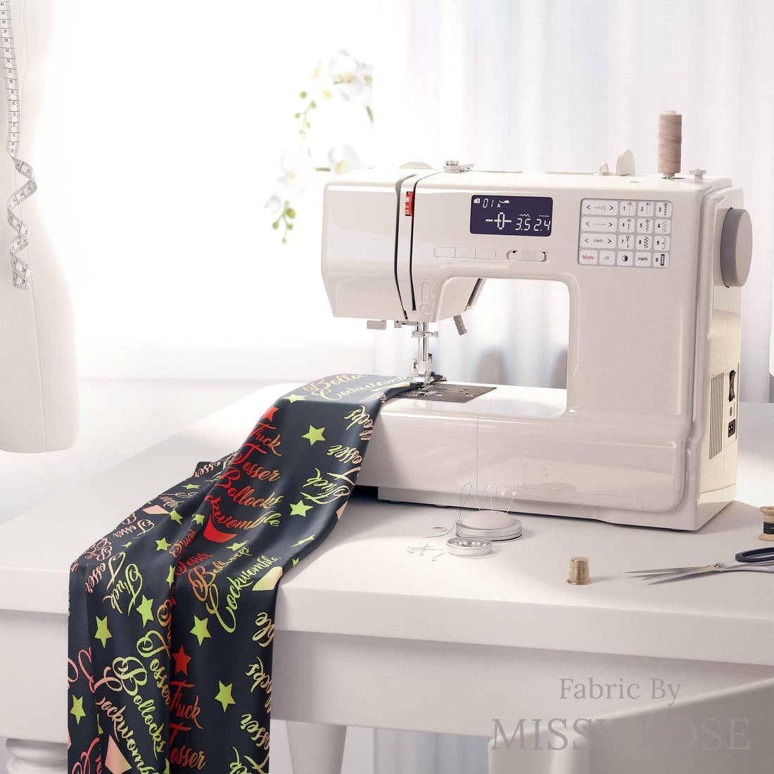 Profanity Fabric 374 on a sewing machine - premium fabric for sewing projects | Fabric by Missy Rose