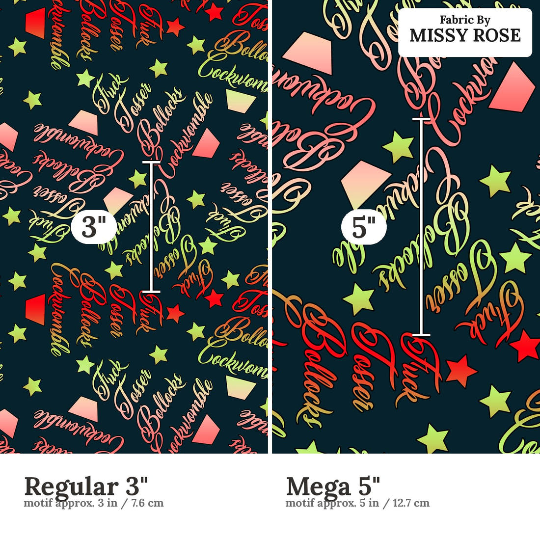 Profanity Fabric 374 Regular 3 inch vs Mega 5 inch print scale side by side | Fabric by Missy Rose
