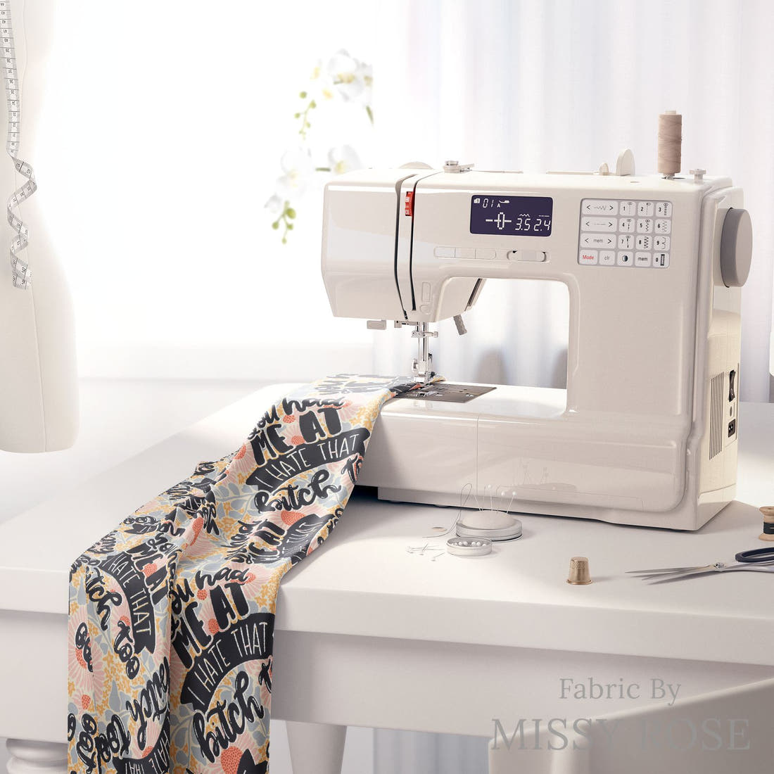 Profanity Fabric 376 on a sewing machine - premium fabric for sewing projects | Fabric by Missy Rose