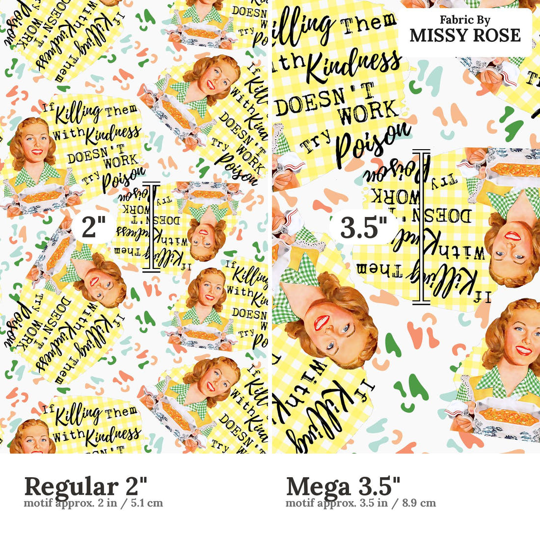 Profanity Fabric 381 Regular 2 inch vs Mega 3.5 inch print scale side by side | Fabric by Missy Rose