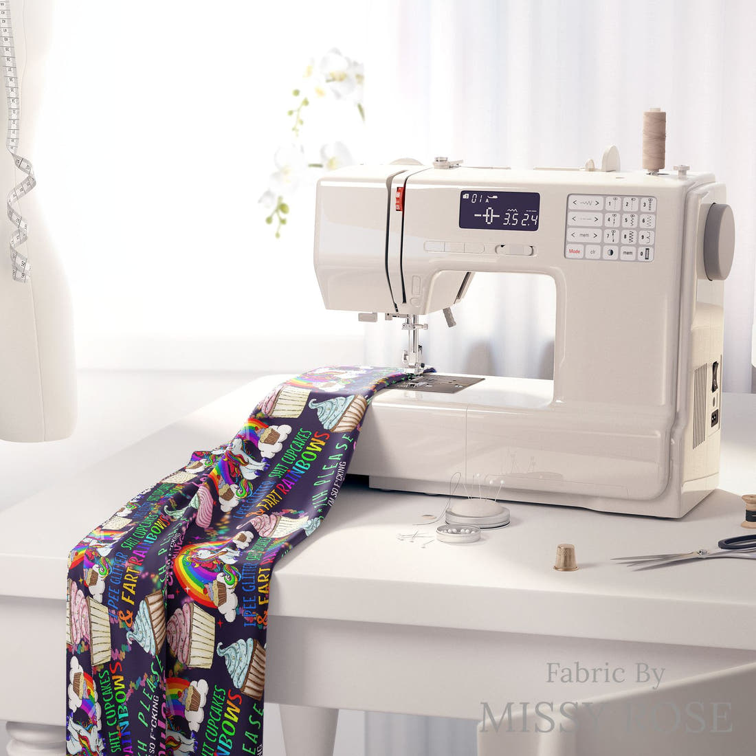 Profanity Fabric 383 on a sewing machine - premium fabric for sewing projects | Fabric by Missy Rose