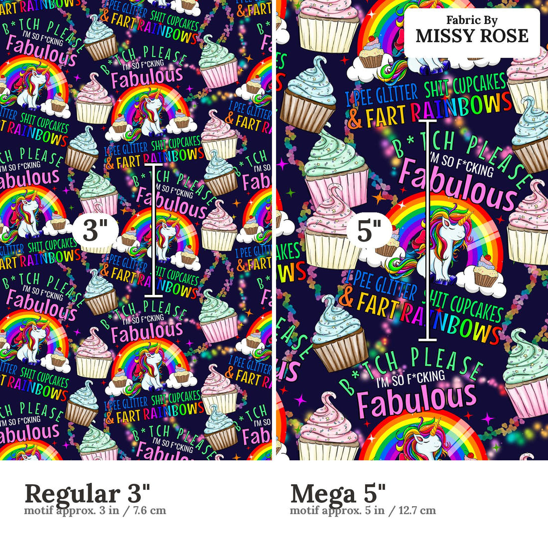Profanity Fabric 383 Regular 3 inch vs Mega 5 inch print scale side by side | Fabric by Missy Rose
