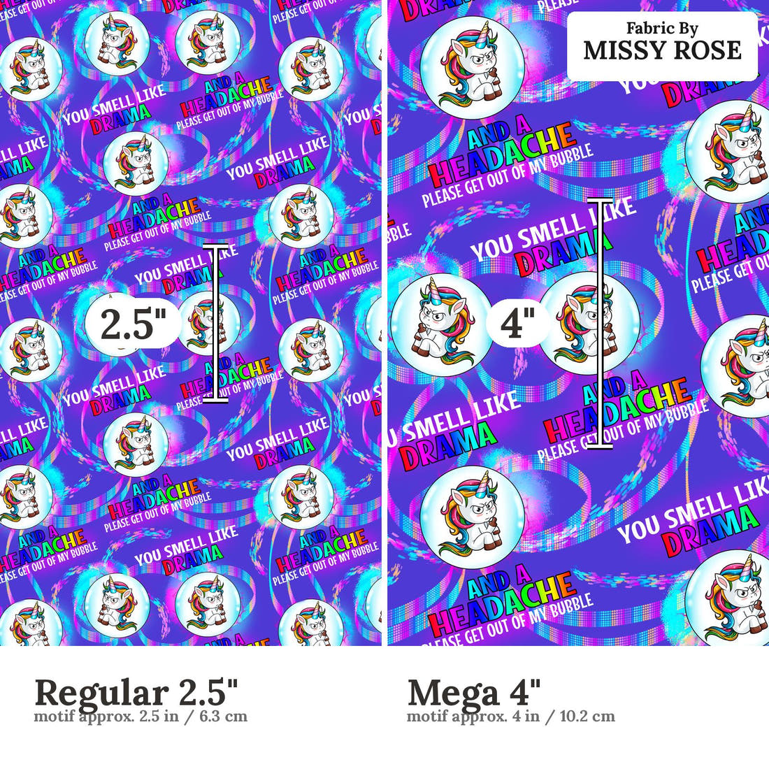 Profanity Fabric 386 Regular 2.5 inch vs Mega 4 inch print scale side by side | Fabric by Missy Rose