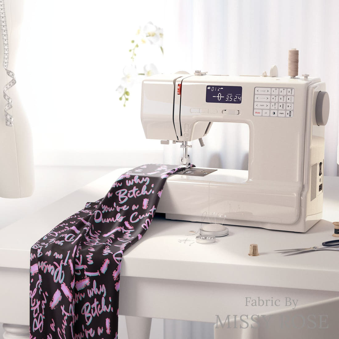 Profanity Fabric 388 on a sewing machine - premium fabric for sewing projects | Fabric by Missy Rose