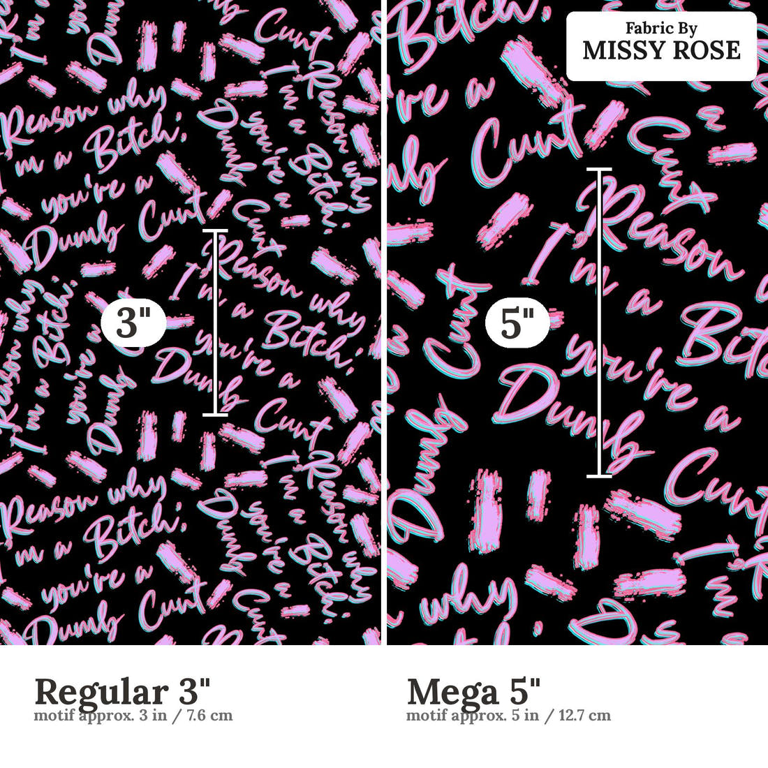 Profanity Fabric 388 Regular 3 inch vs Mega 5 inch print scale side by side | Fabric by Missy Rose