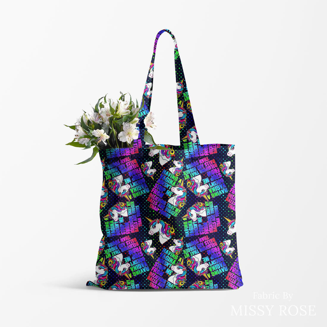 Profanity Fabric 395 made up as a tote bag - see how the print looks made up | Fabric by Missy Rose