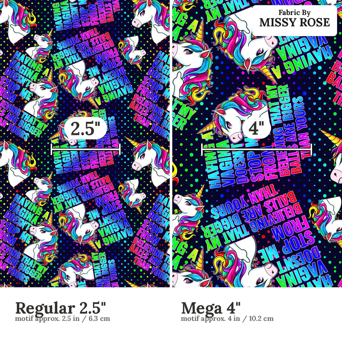 Profanity Fabric 395 Regular 2.5 inch vs Mega 4 inch print scale side by side | Fabric by Missy Rose