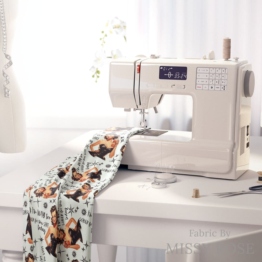 Profanity Fabric 396 on a sewing machine - premium fabric for sewing projects | Fabric by Missy Rose