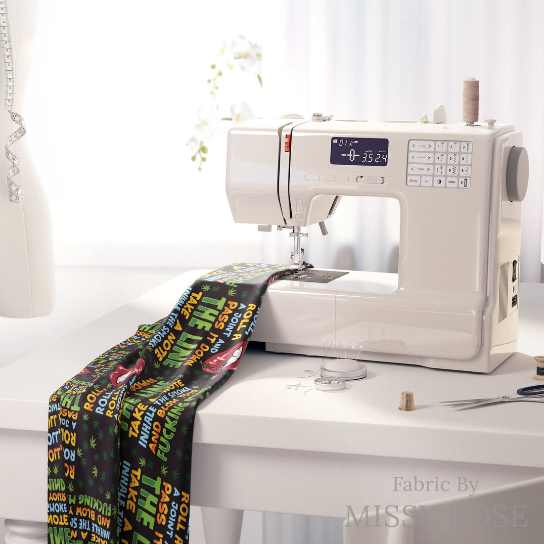 Profanity Fabric 397 on a sewing machine - premium fabric for sewing projects | Fabric by Missy Rose