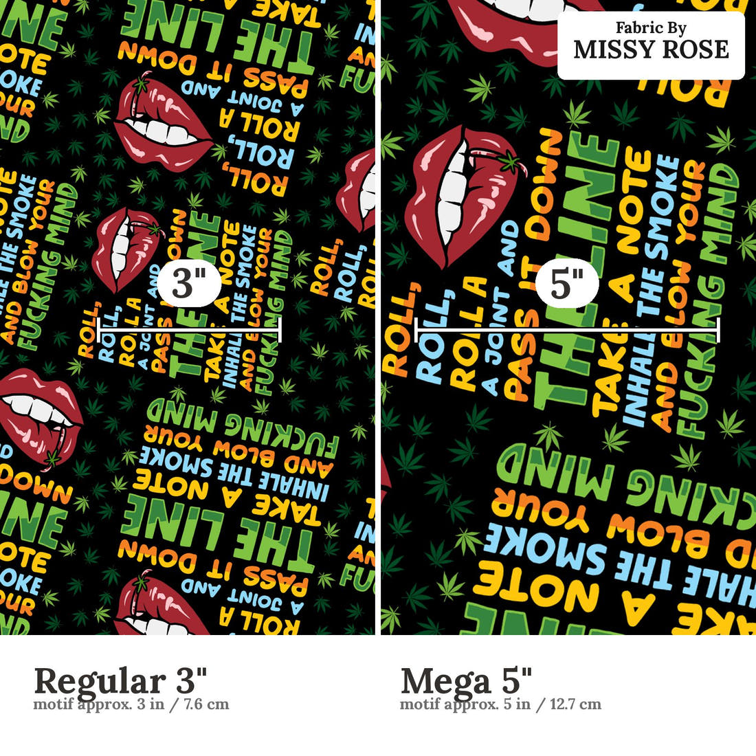 Profanity Fabric 397 Regular 3 inch vs Mega 5 inch print scale side by side | Fabric by Missy Rose