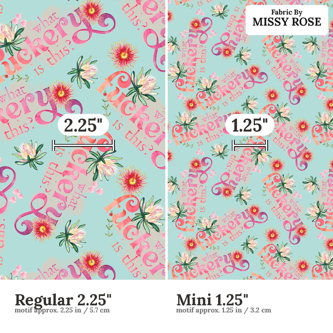 Profanity Fabric 398 Regular 2.25 inch vs Mini 1.25 inch print scale side by side | Fabric by Missy Rose