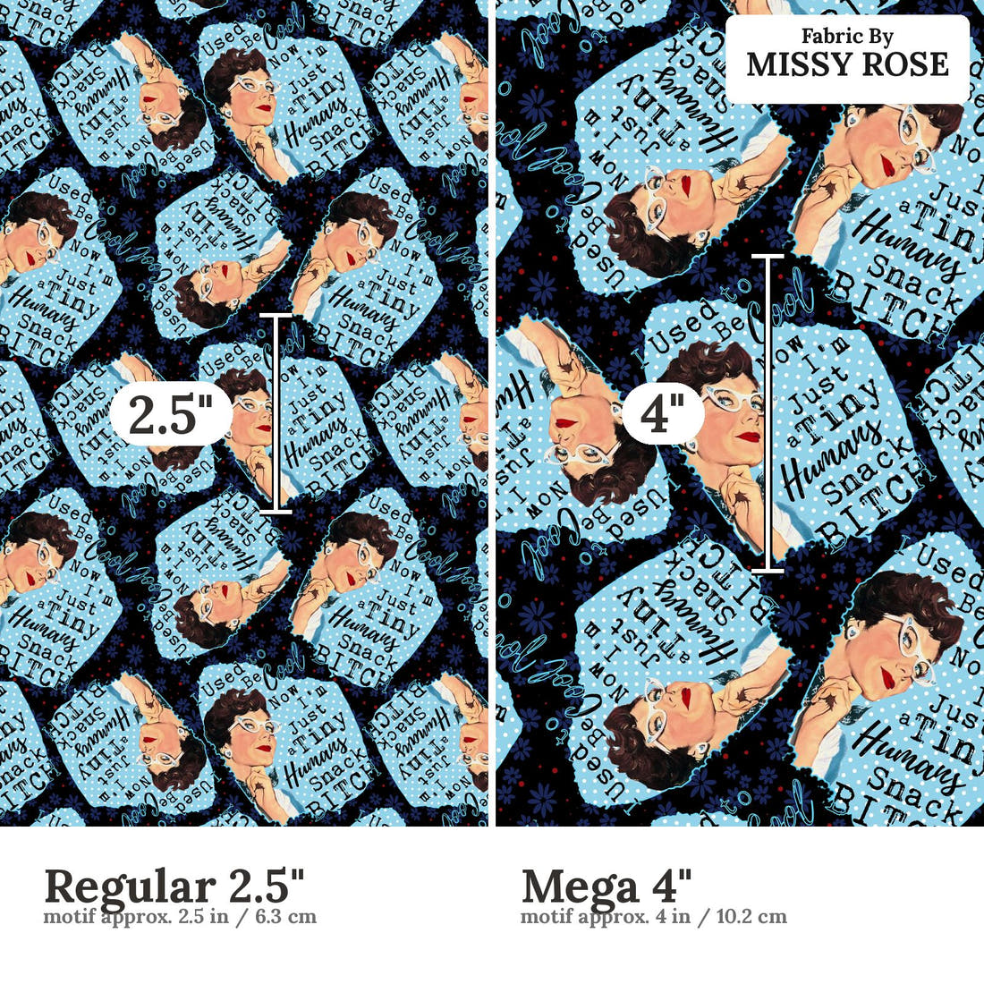 Profanity Fabric 401 Regular 2.5 inch vs Mega 4 inch print scale side by side | Fabric by Missy Rose